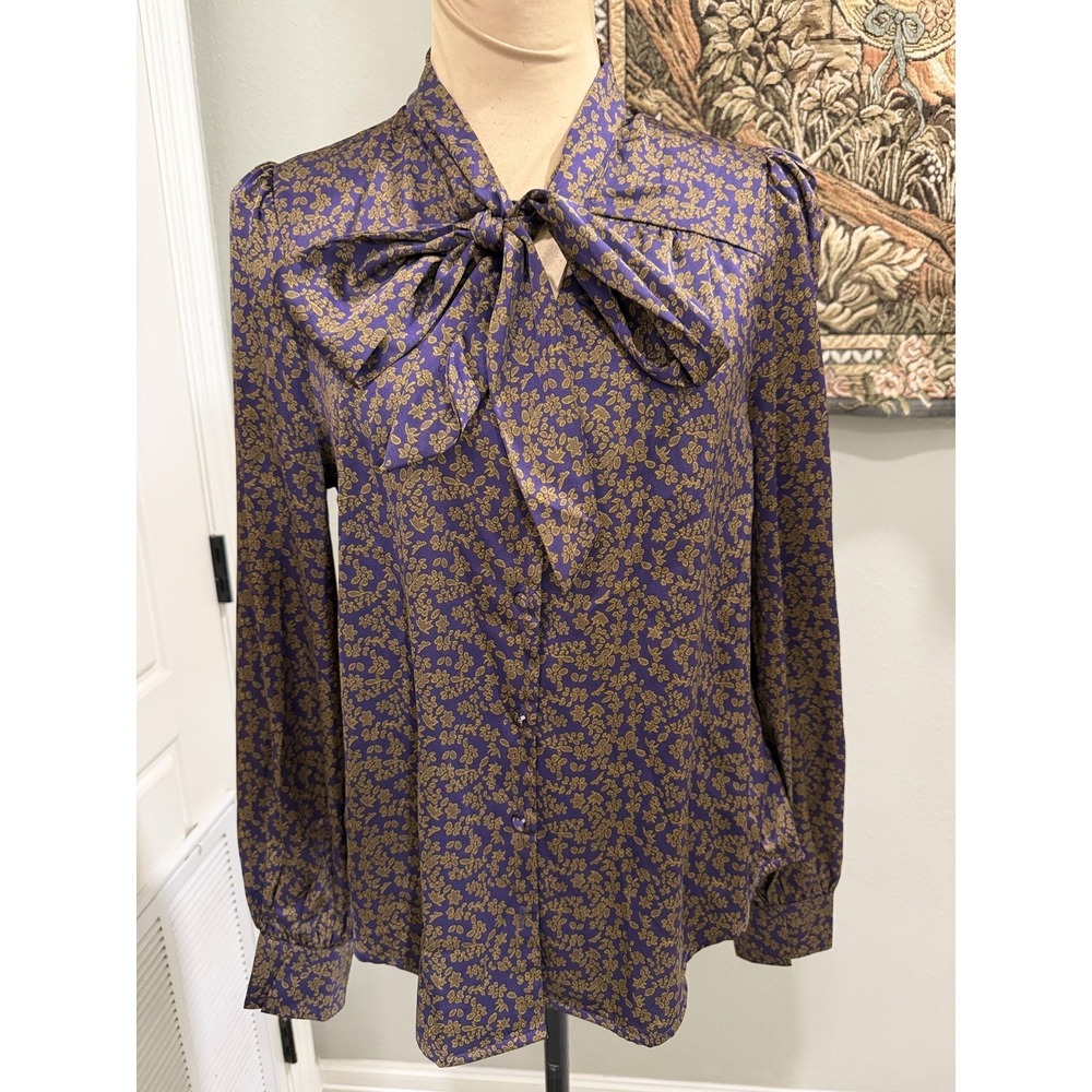GiGIO USA Blouse Womens Small Purple Floral Satin Tie Neck Bow Button Front